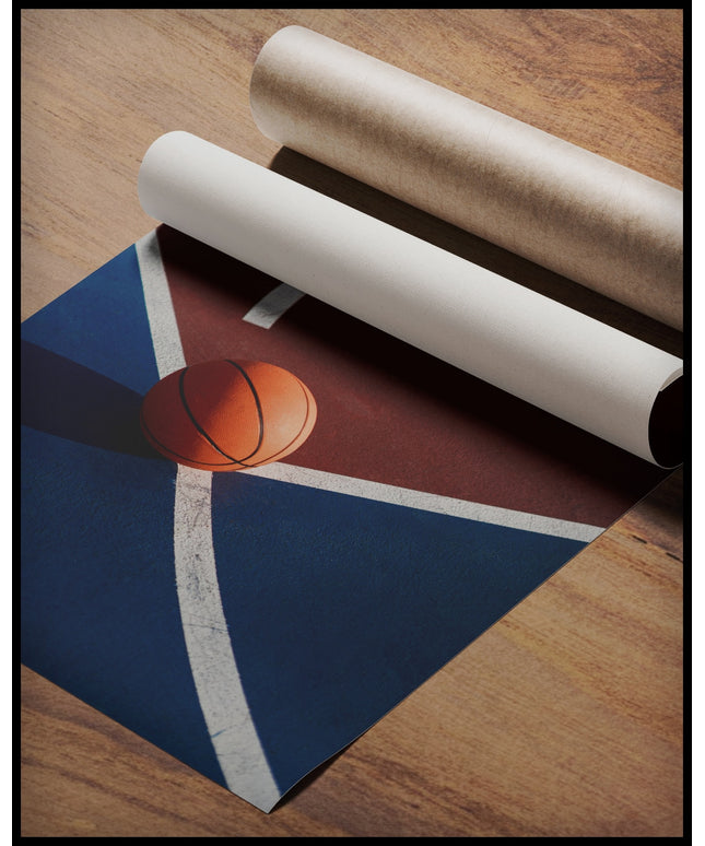 Ein Poster von einem Basketball auf einem Basketballplatz mit roten und blauen Feldern, gerollt auf einer Holzoberfläche liegend