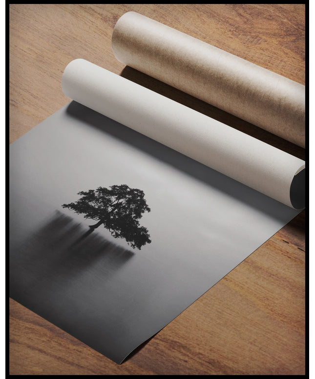 Ein Poster von einem einsamen Baum, der in einem ruhigen See steht, gerollt auf einer Holzoberfläche liegend