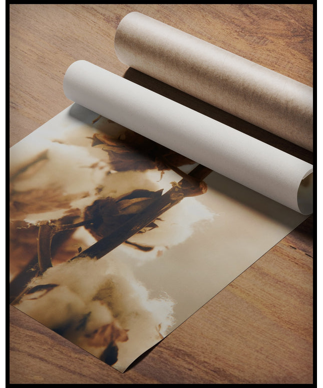 Ein Poster von einer Baumwollpflanze in Nahaufnahme, gerollt auf einer Holzoberfläche liegend