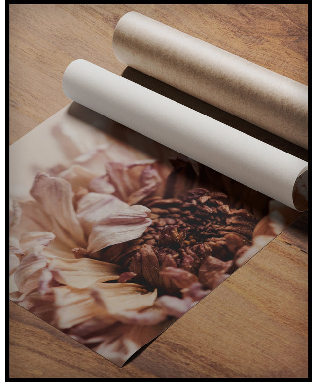 Ein Poster von einer Nahaufnahme einer vertrockneten Blume, gerollt auf einer Holzoberfläche liegend