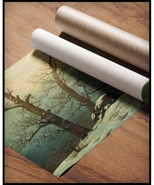 Ein Kunstdruck von einem Grosssteingrab neben drei kahlen Bäumen im Schnee, gerollt auf einer Holzoberfläche liegend