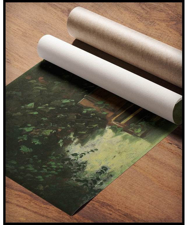 Hauswand mit Stallfenster und rosenberanktem Spalier