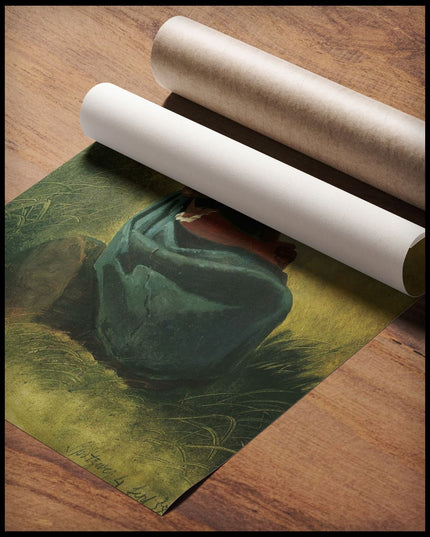 Sitzendes Bauernmädchen mit Kopftuch und blauem Rock