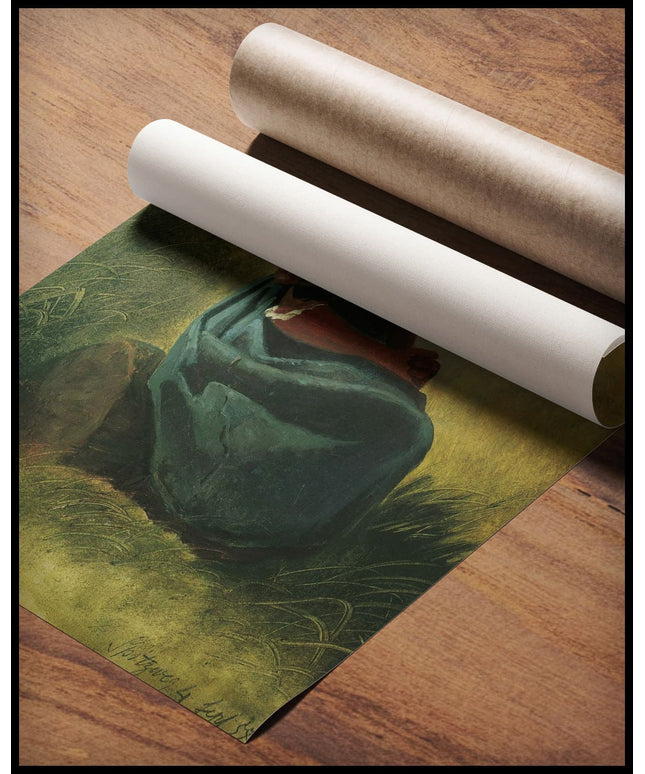 Sitzendes Bauernmädchen mit Kopftuch und blauem Rock