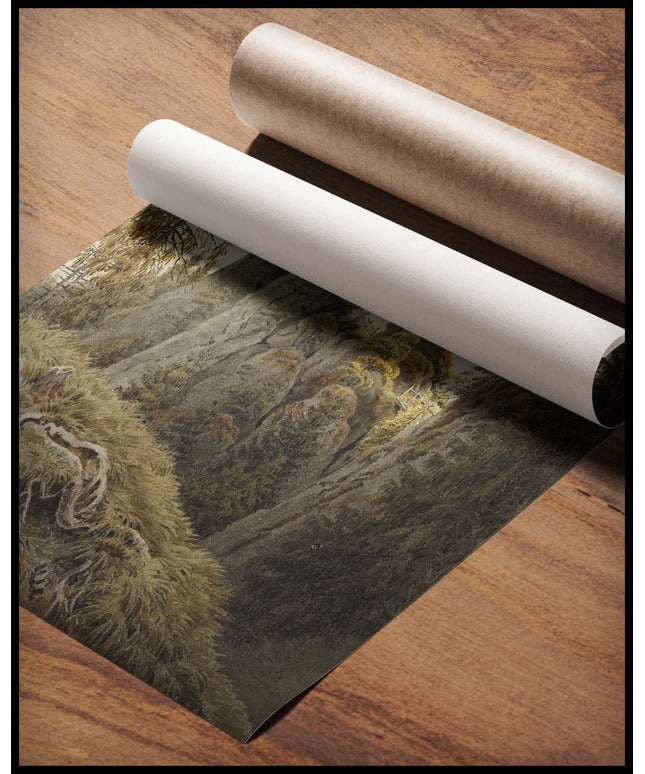Ein Kunstdruck von Felsformationen und Bäumen, gerollt auf einer Holzoberfläche liegend