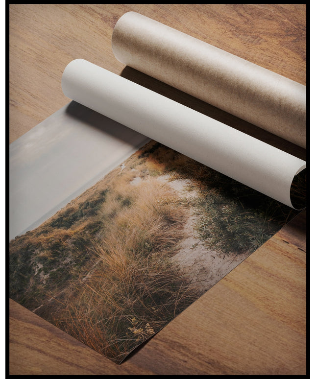 Ein Poster von einer Wanderung durch grasige Dünen, gerollt auf einer Holzoberfläche liegend
