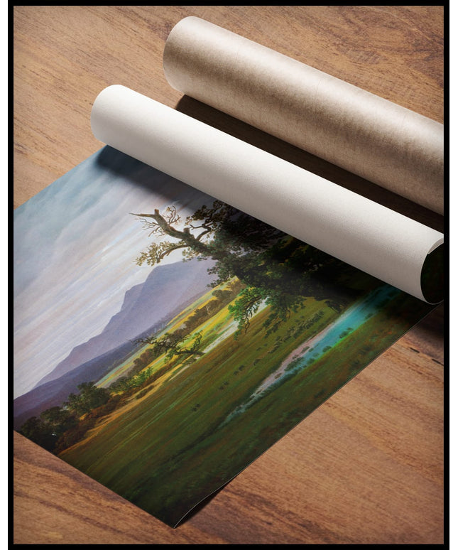 Ein Kunstdruck von einem einsamen Baum auf einer Wiese, gerollt auf einer Holzoberfläche liegend