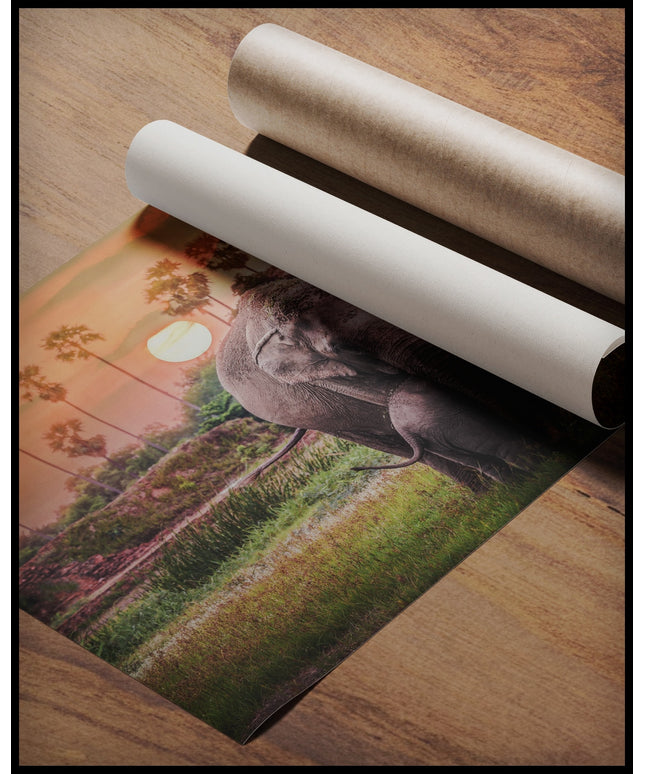 Ein Poster von zwei Elefanten bei Sonnenuntergang in Afrika, gerollt auf einer Holzoberfläche liegend