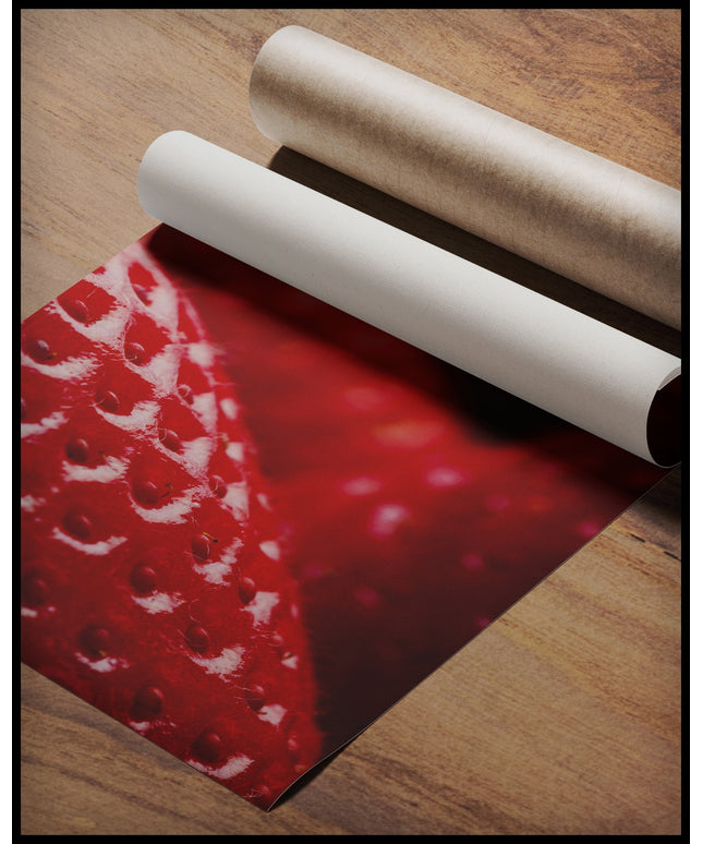 Ein Poster von einer Nahaufnahme einer reifen Erdbeere in kräftigem Rot, gerollt auf einer Holzoberfläche liegend