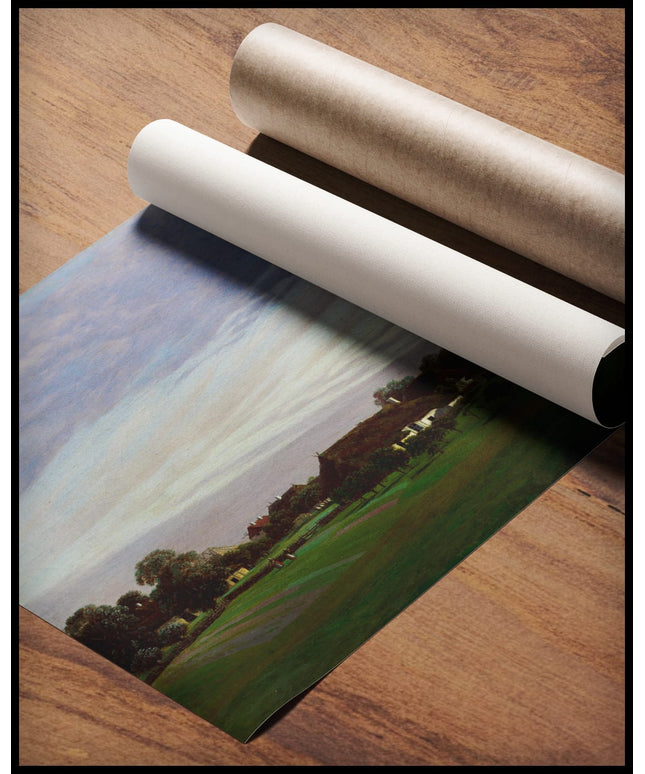 Ein Kunstdruck von einem kleinen Dorf und einer Windmühle, die von saftigen Wiesen umgeben sind, gerollt auf einer Holzoberfläche liegend