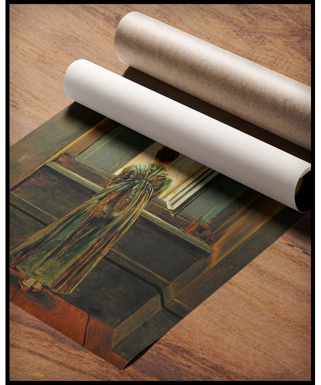 Ein Kunstdruck einer Frau, die in einem langen Kleid aus einem geöffneten Fenster schaut, gerollt auf einer Holzoberfläche liegend