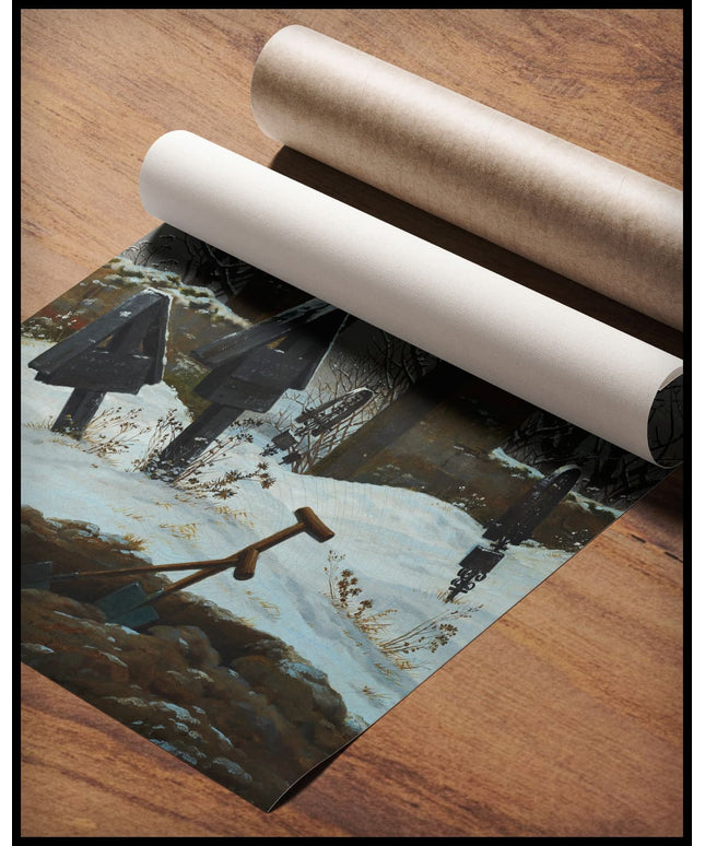 Ein Kunstdruck eines verschneiten Friedhofs mit Grabkreuzen und einem Torbogen, gerollt auf einer Holzoberfläche liegend