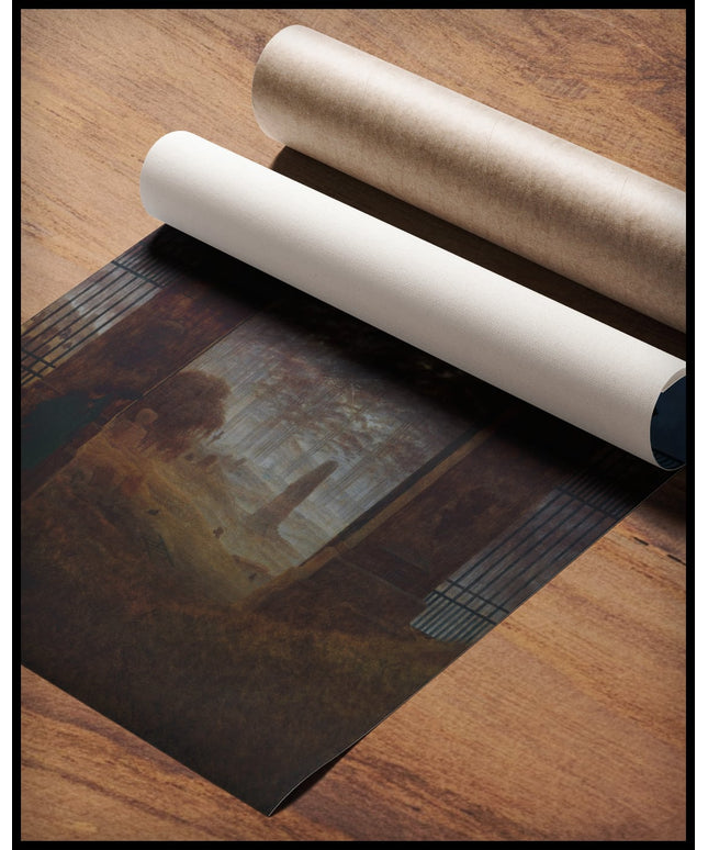 Ein Kunstdruck eines Friedhofseingangs mit Toren, die einen Blick in einen düsteren Wald freigeben, gerollt auf einer Holzoberfläche liegend