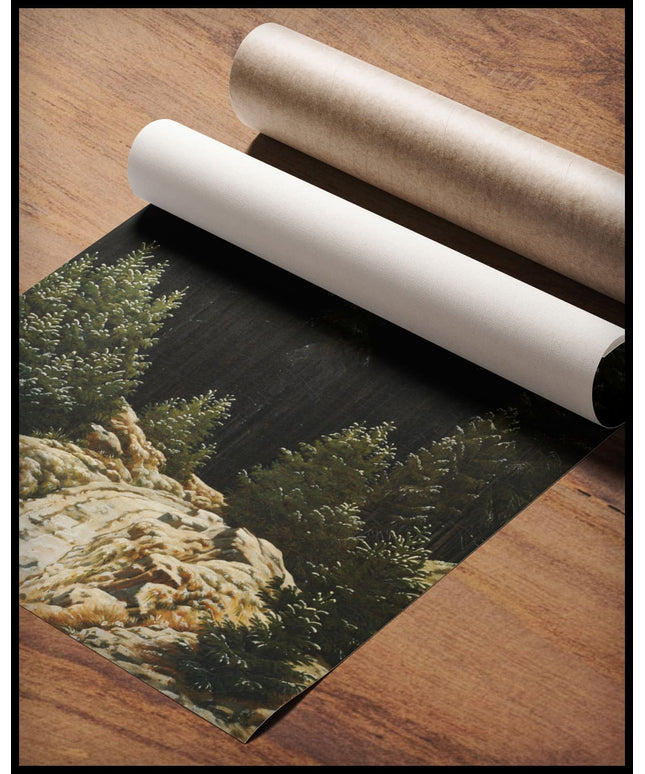 Ein Kunstdruck eines schneebedeckten Waldwegs, gerollt auf einer Holzoberfläche liegend