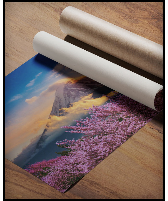 Ein Poster von einem blühenden Kirschbaumfeld vor dem Berg Fuji, gerollt auf einer Holzoberfläche liegend