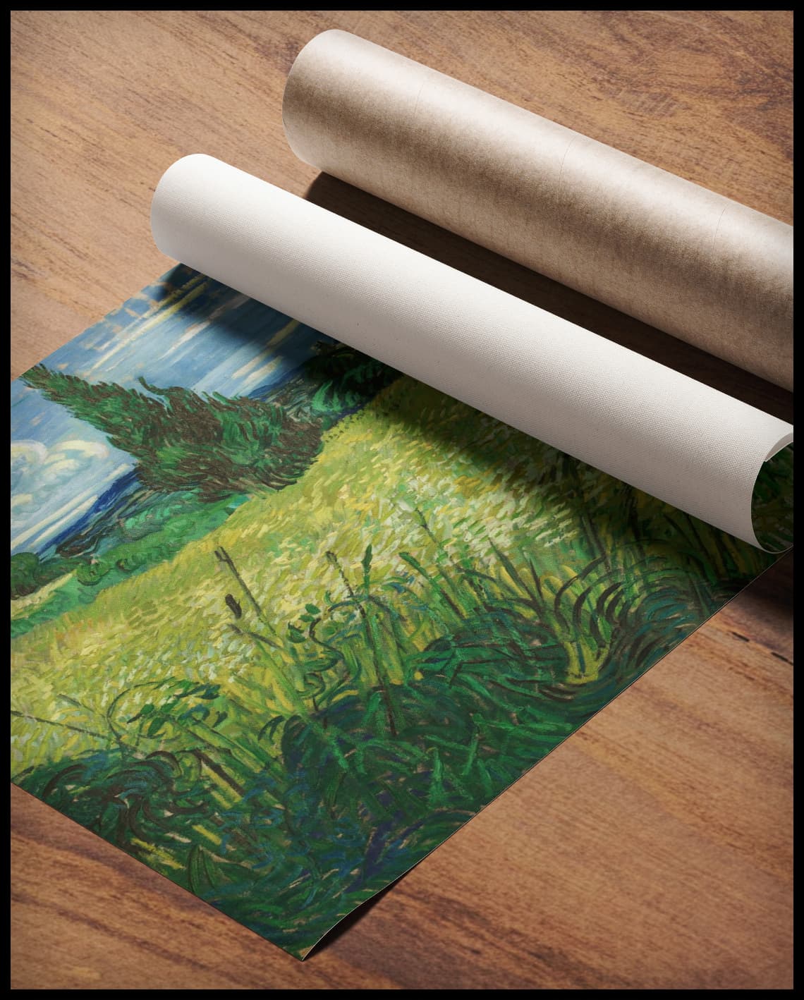 Green wheat field with cypress