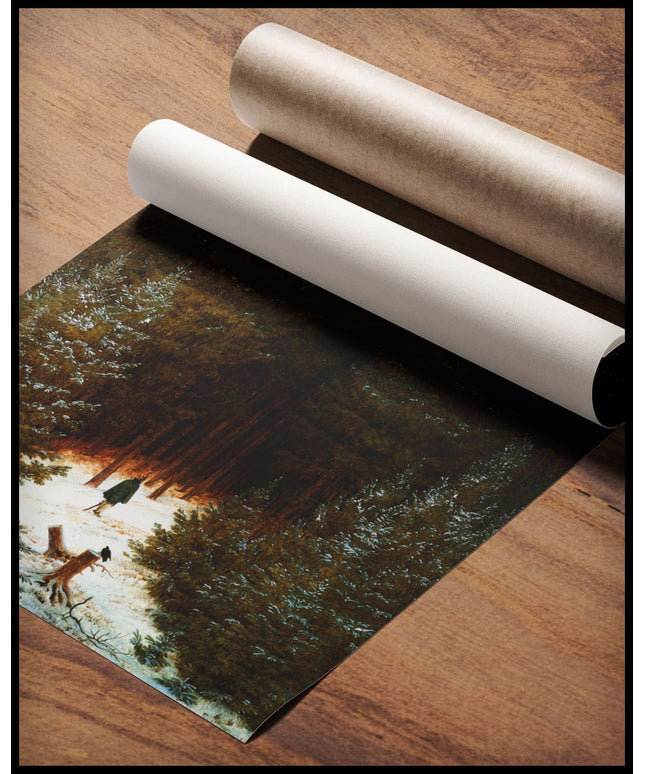 Ein Kunstdruck eines verschneiten Waldwegs mit einem Jäger, gerollt auf einer Holzoberfläche liegend