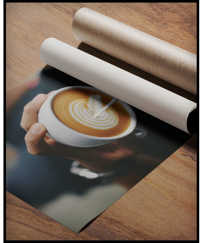 Ein Poster von einem Barista, der kunstvoll Milch in eine Tasse Kaffee gießt und ein Muster kreiert, gerollt auf einer Holzoberfläche liegend