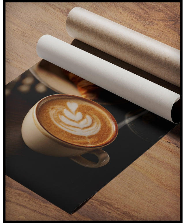 Ein Poster von einer Tasse Kaffee Latte neben einem Croissant und einem Glas Wasser, gerollt auf einer Holzoberfläche liegend