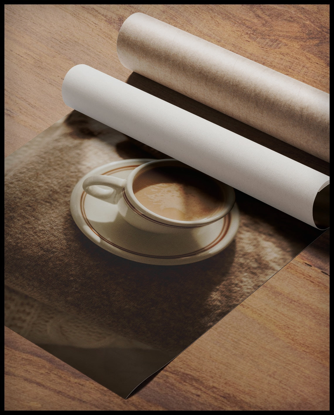 Ein Poster von einer Tasse Kaffee auf einem gemütlichen, beigen Pullover, gerollt auf einer Holzoberfläche liegend