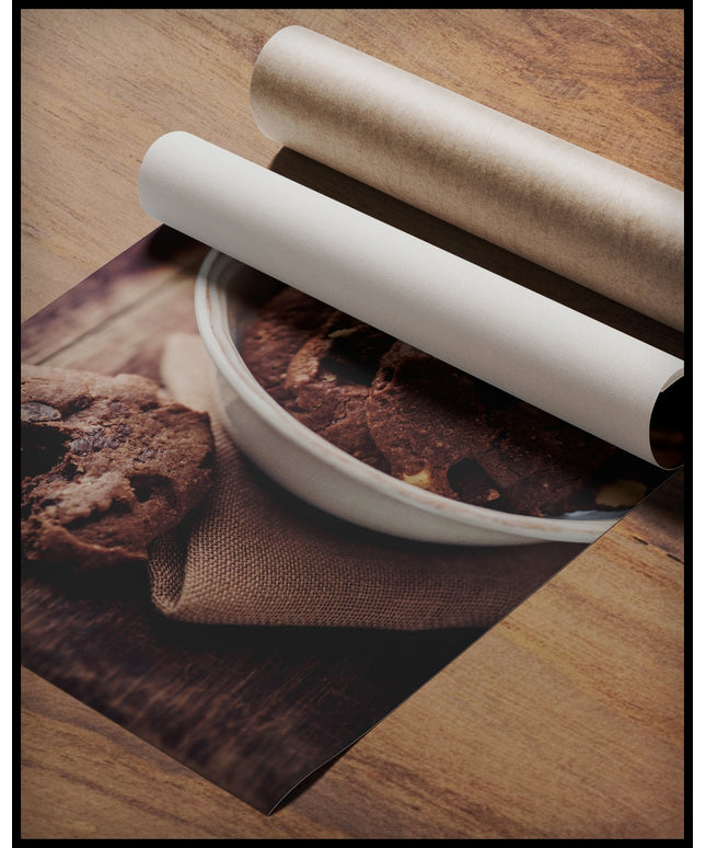 Ein Poster von einer Schale mit mehreren Schokoladenkeksen, gerollt auf einer Holzoberfläche liegend