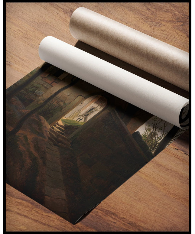 Ein Kunstdruck mit einer Pforte und einem Weg, gerollt auf einer Holzoberfläche liegend