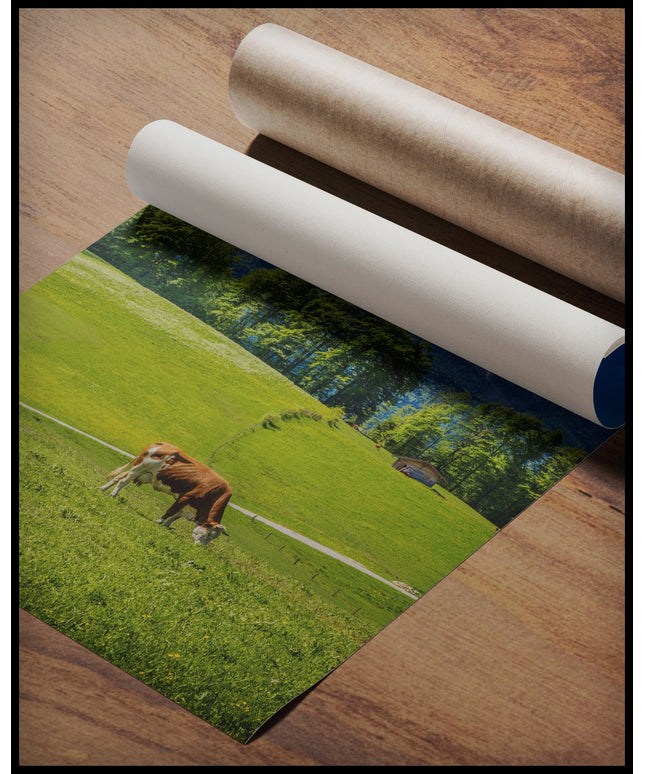 Ein Poster von einer Kuh auf einer grünen Wiese vor einer Alpenlandschaft, gerollt auf einer Holzoberfläche liegend