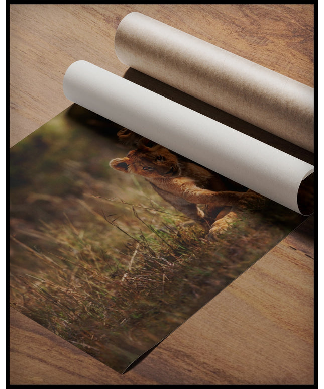 Ein Poster von einer Löwenmutter, die liebevoll ihr Junges umarmt, beide ruhen im hohen Gras der Savanne, gerollt auf einer Holzoberfläche liegend