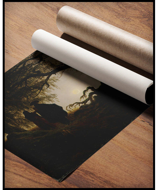 Ein Kunstdruck von einem Mann und einer Frau neben einem Baum die den Mond betrachten, gerollt auf einer Holzoberfläche liegend