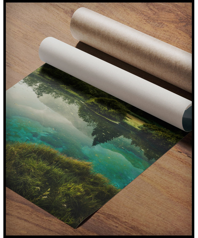 Ein Poster von einem See der von Büschen, Bäumen, Strand und Bergen umgeben ist, gerollt auf einer Holzoberfläche liegend