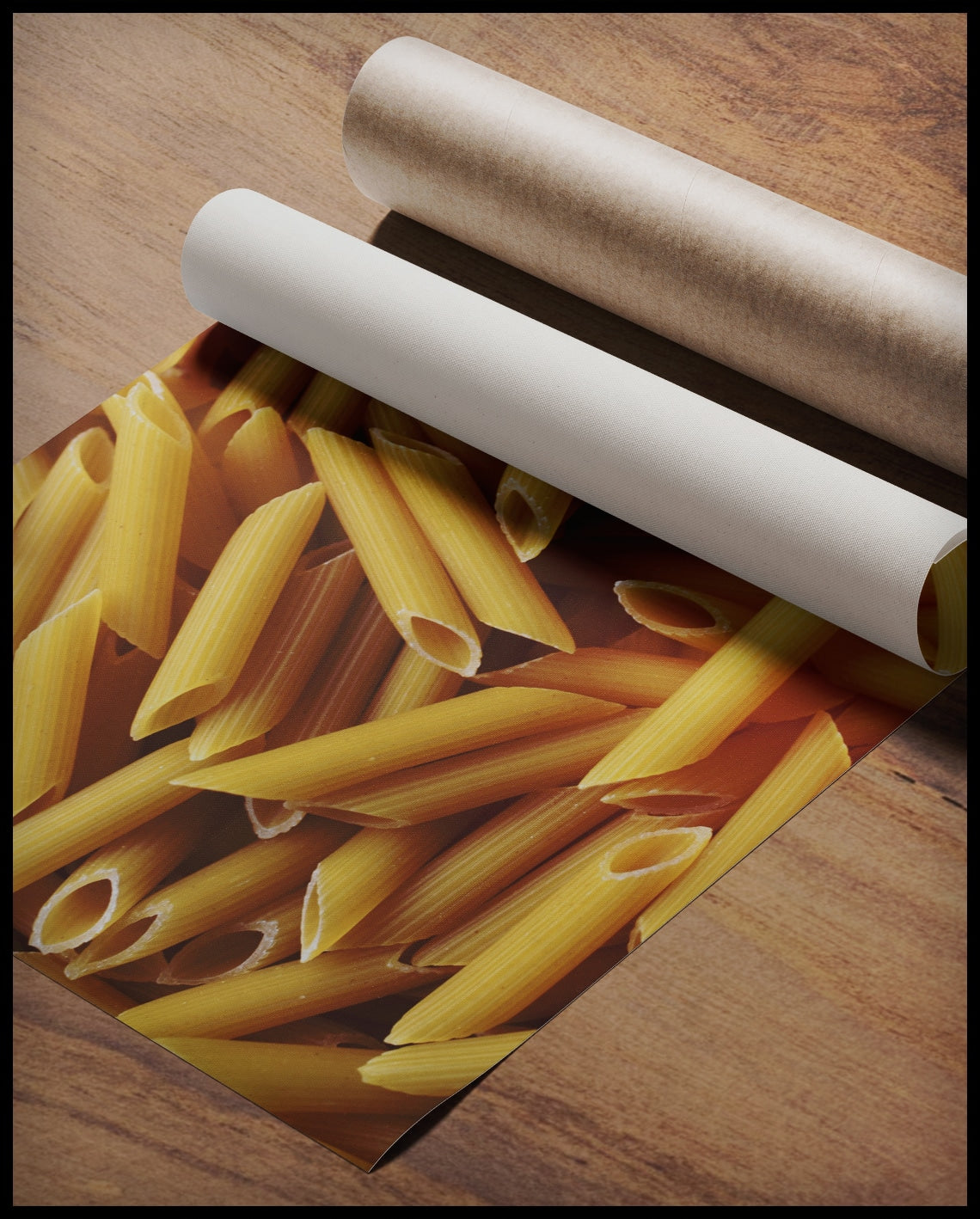 Ein Poster von mehreren Penne Nudeln, gerollt auf einer Holzoberfläche liegend