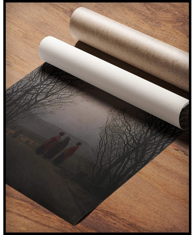 Ein Kunstdruck mit drei Personen auf einem Weg zwischen kahlen Bäumen, gerollt auf einer Holzoberfläche liegend