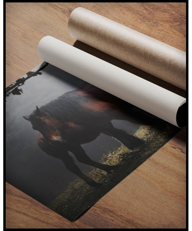 Ein Poster von zwei Pferden, die eng beieinander in einem nebligen Wald stehen, umgeben von dichtem Laub, gerollt auf einer Holzoberfläche liegend