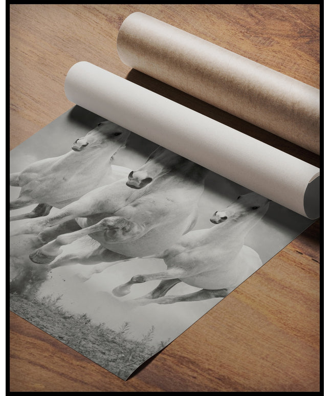 Ein Poster von drei weißen Pferden, die nebeneinander im Galopp durch eine staubige Landschaft rennen, gerollt auf einer Holzoberfläche liegend