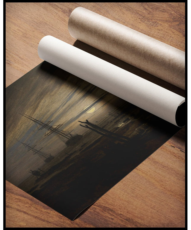 Ein Kunstdruck von drei Segelschiffen auf der Reede im Mondschein, gerollt auf einer Holzoberfläche liegend