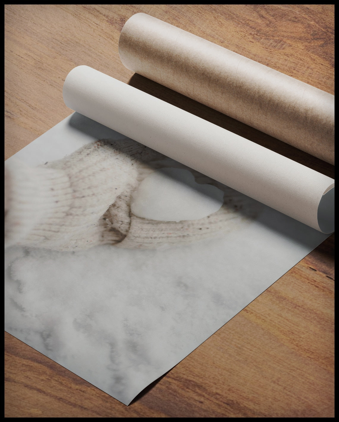 Ein Poster von einer behandschuhten Hand, die ein kleines Herz aus Schnee hält, gerollt auf einer Holzoberfläche liegend