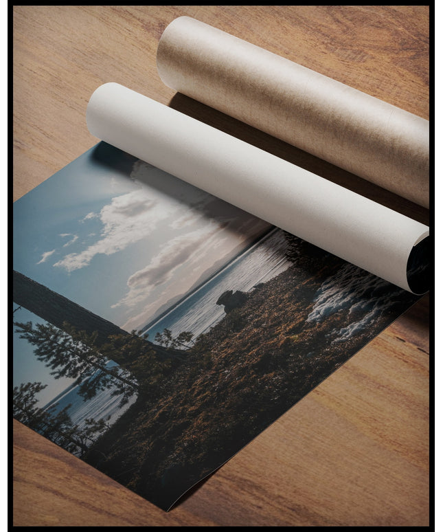 Ein Poster von einem bewachsenem Seeufer, das stellenweise mit Schnee bedeckt ist, gerollt auf einer Holzoberfläche liegend