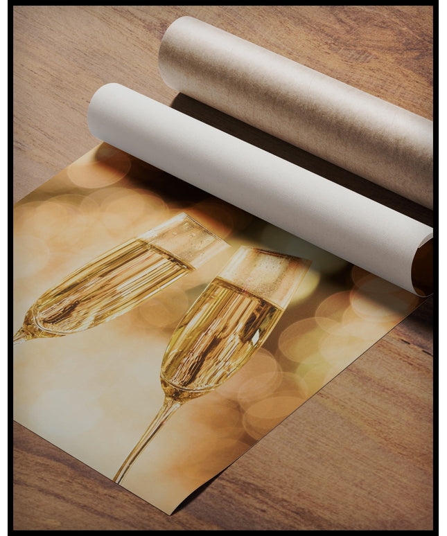 Ein Poster einer Nahaufnahme von Sektgläsern die vor einem goldenen Hintergrund anstoßen, gerollt auf einer Holzoberfläche liegend