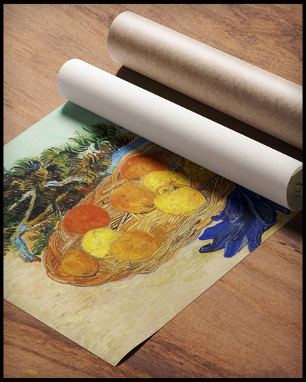 Still Life of Oranges and Lemons with Blue Gloves