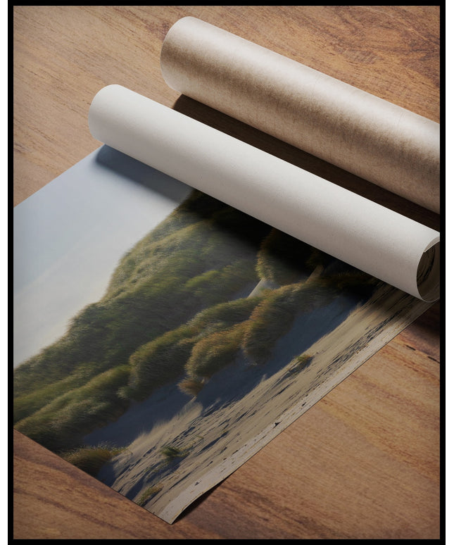 Ein Poster von Dünengras am Strand, gerollt auf einer Holzoberfläche liegend