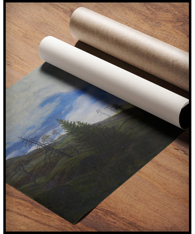 Ein Kunstdruck von einem Abhang an einem Berg im Riesengebirge, gerollt auf einer Holzoberfläche liegend