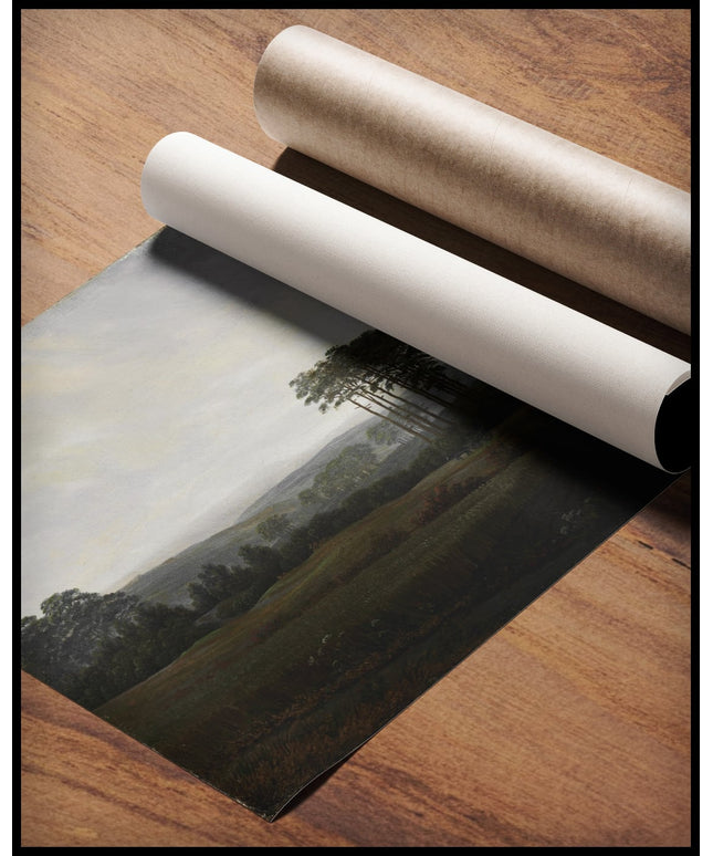 Ein Kunstdruck von einer weiten, Landschaft am Nachmittag, gerollt auf einer Holzoberfläche liegend