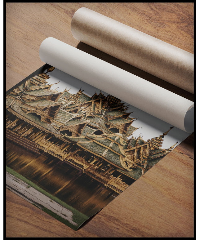 Ein Poster von einer buddhistischen Tempelanlage auf einem See, gerollt auf einer Holzoberfläche liegend