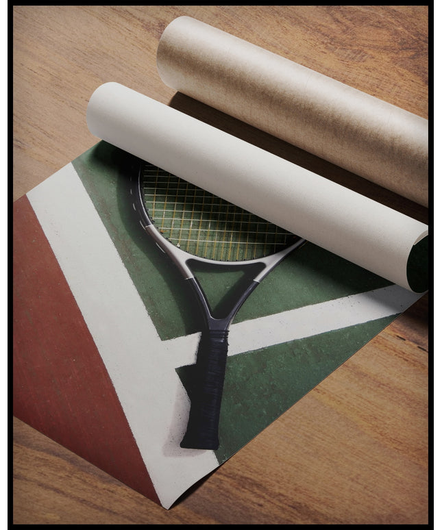 Ein Poster von einem Tennisschläger und zwei Tennisbällen auf einem Tennisplatz mit grünen und roten Feldern, gerollt auf einer Holzoberfläche liegend