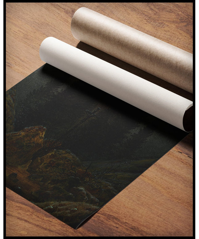 Ein Kunstdruck mit einem Kreuz in einer felsigen Landschaft, dahinter eine Kirche umgeben von Tannen, gerollt auf einer Holzoberfläche liegend