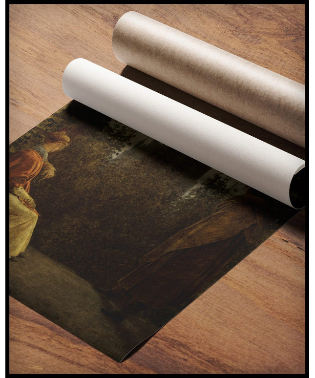 Ein Kunstdruck einer Frau und eines Mannes in einer Gartenlaube mit Blick auf eine gotische Kirche, gerollt auf einer Holzoberfläche liegend