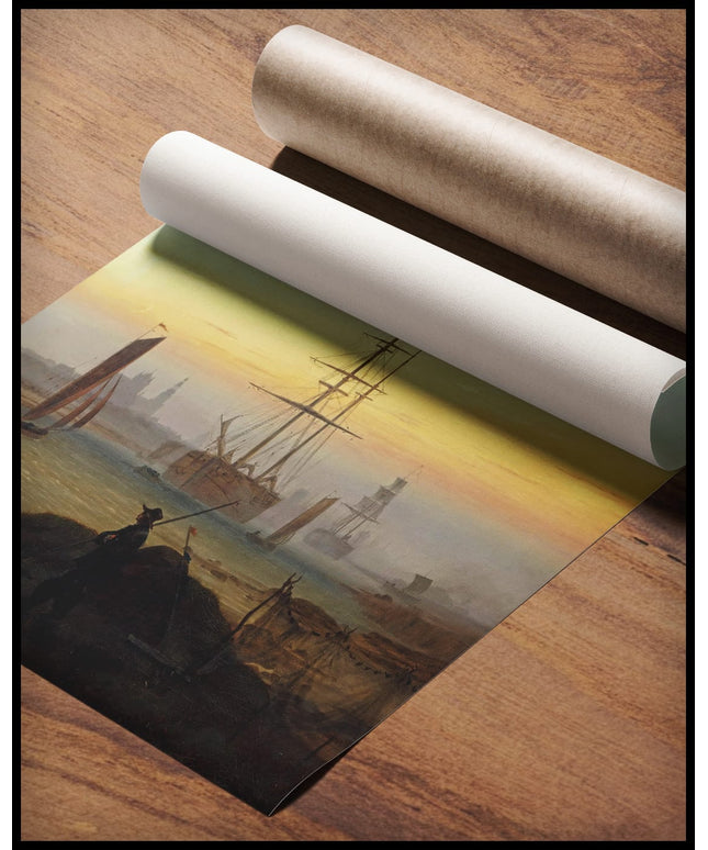 Ein Kunstdruck einer Hafenansicht gerollt auf einer Holzoberfläche liegend