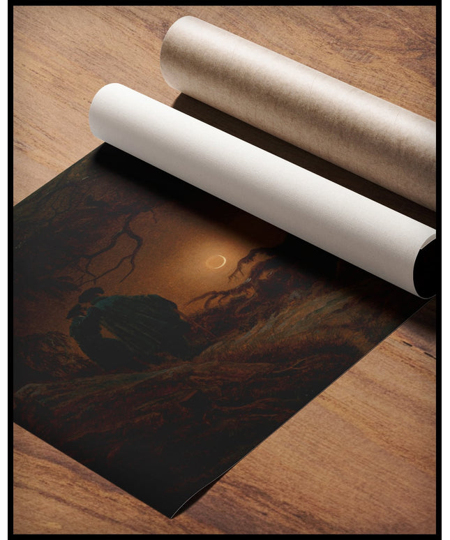 Ein Kunstdruck von zwei Männern neben einem Baum die den Mond betrachten, gerollt auf einer Holzoberfläche liegend