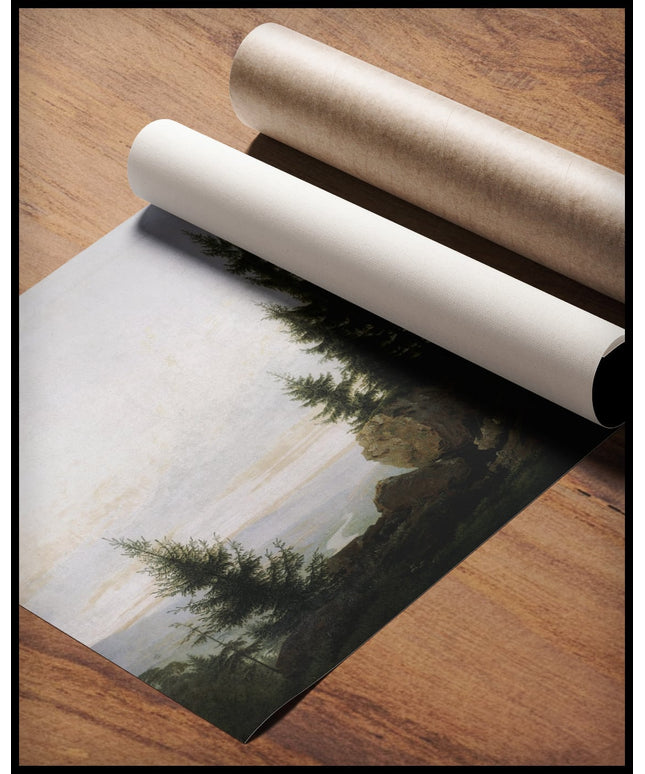 Ein Kunstdruck vom Ausblick in das Elbtal, mit Gestein und Bäumen im Vordergrund, gerollt auf einer Holzoberfläche liegend