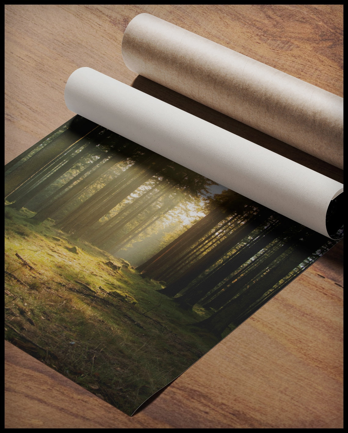 Ein Poster von einer Lichtung im Wald mit hohen Nadelbäumen, gerollt auf einer Holzoberfläche liegend